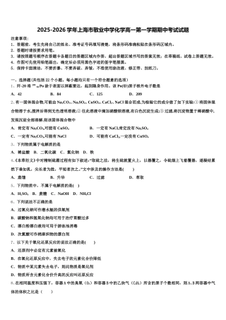 2025-2026学年上海市敬业中学化学高一第一学期期中考试试题含解析