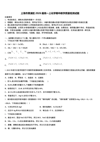 上海市黄浦区2026届高一上化学期中教学质量检测试题含解析