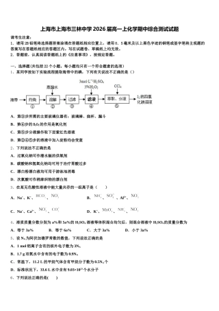 上海市上海市三林中学2026届高一上化学期中综合测试试题含解析