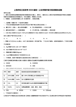 上海市松江区统考2026届高一上化学期中复习检测模拟试题含解析