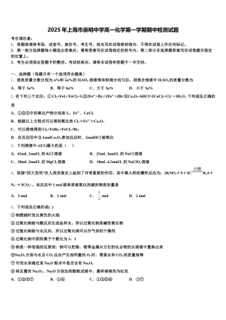 2025年上海市崇明中学高一化学第一学期期中检测试题含解析