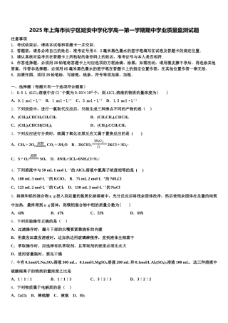 2025年上海市长宁区延安中学化学高一第一学期期中学业质量监测试题含解析