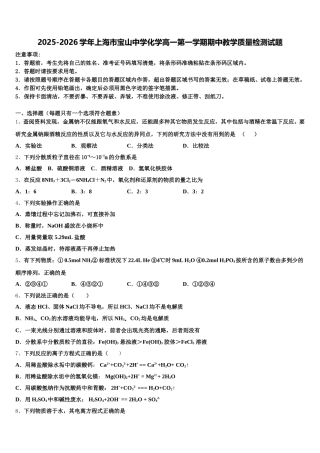 2025-2026学年上海市宝山中学化学高一第一学期期中教学质量检测试题含解析