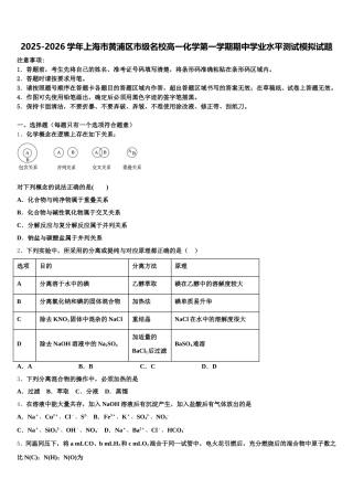 2025-2026学年上海市黄浦区市级名校高一化学第一学期期中学业水平测试模拟试题含解析