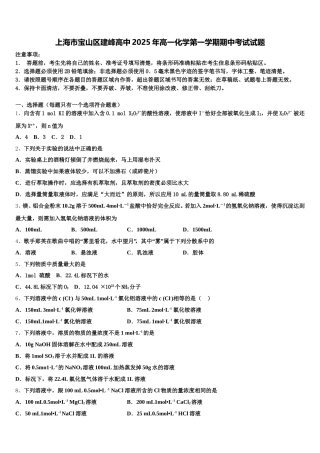 上海市宝山区建峰高中2025年高一化学第一学期期中考试试题含解析