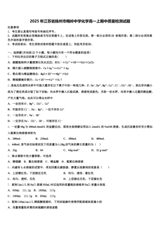 2025年江苏省扬州市梅岭中学化学高一上期中质量检测试题含解析