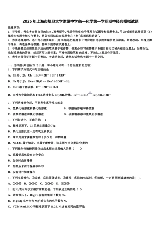 2025年上海市复旦大学附属中学高一化学第一学期期中经典模拟试题含解析