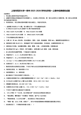 上海市同济大学一附中2025-2026学年化学高一上期中经典模拟试题含解析