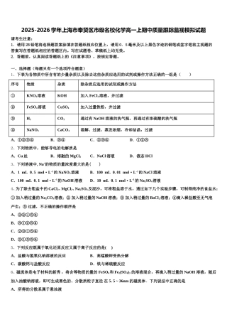 2025-2026学年上海市奉贤区市级名校化学高一上期中质量跟踪监视模拟试题含解析