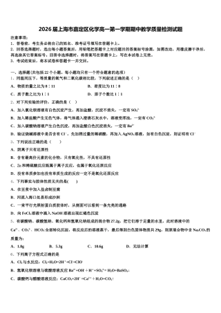 2026届上海市嘉定区化学高一第一学期期中教学质量检测试题含解析