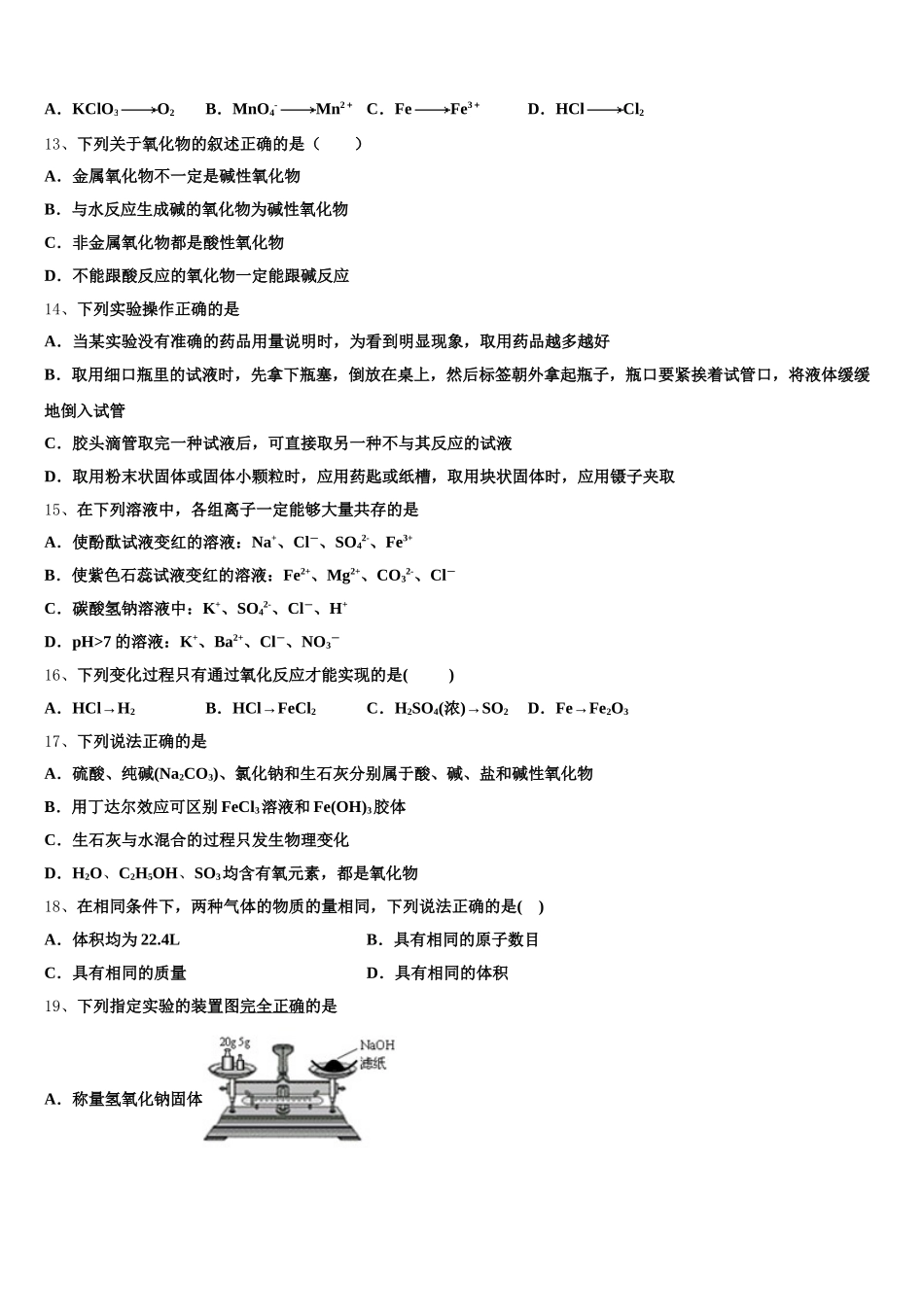 2025年上海市上海外国语大学附属上外高中化学高一上期中质量检测试题含解析_第3页