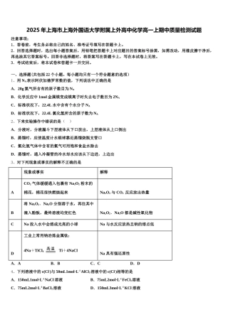 2025年上海市上海外国语大学附属上外高中化学高一上期中质量检测试题含解析
