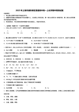 2025年上海市浦东新区普通高中高一上化学期中预测试题含解析