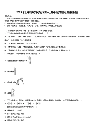 2025年上海市闵行中学化学高一上期中教学质量检测模拟试题含解析