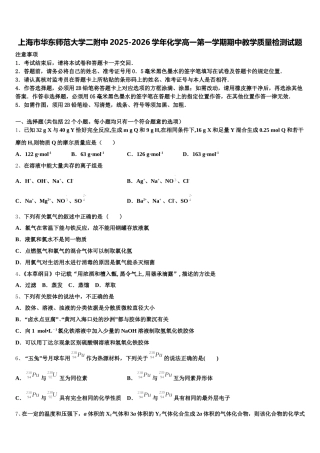 上海市华东师范大学二附中2025-2026学年化学高一第一学期期中教学质量检测试题含解析