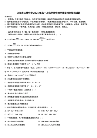 上海市三林中学2025年高一上化学期中教学质量检测模拟试题含解析