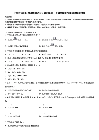 上海市宝山区淞浦中学2026届化学高一上期中学业水平测试模拟试题含解析