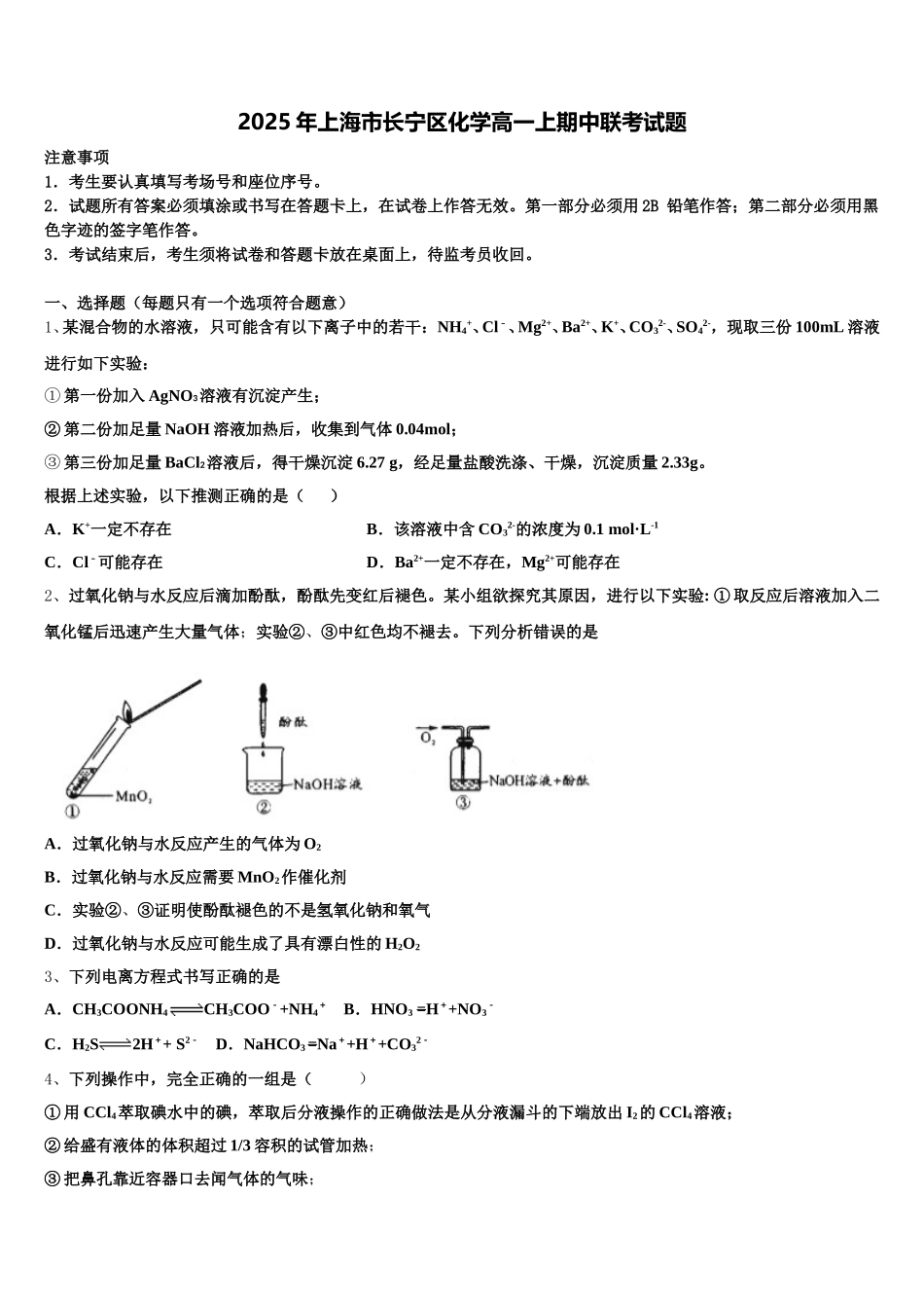 2025年上海市长宁区化学高一上期中联考试题含解析_第1页