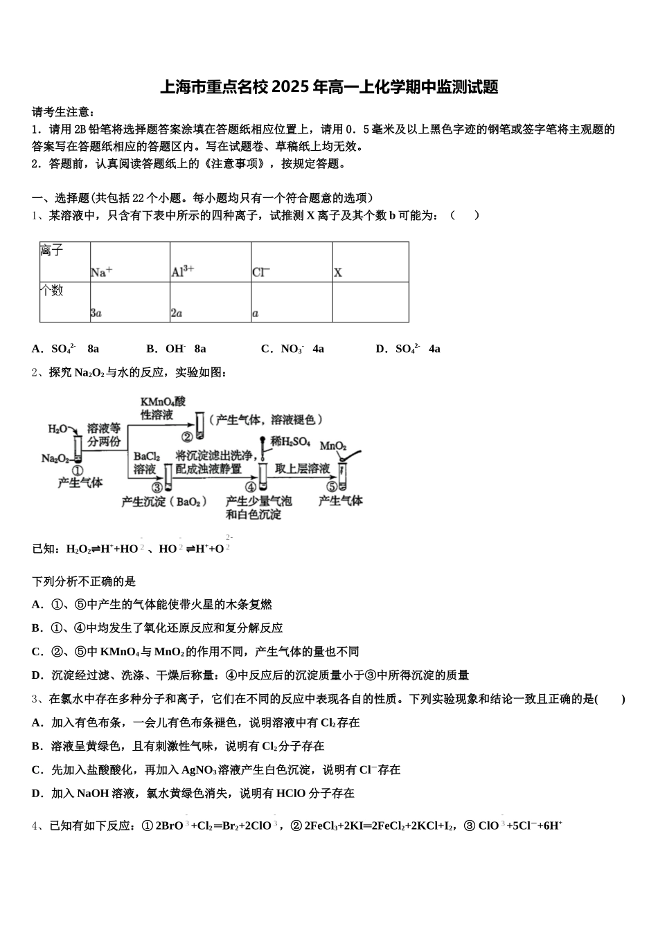 上海市重点名校2025年高一上化学期中监测试题含解析_第1页
