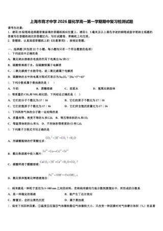 上海市育才中学2026届化学高一第一学期期中复习检测试题含解析