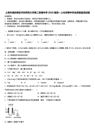 上海市浦东新区华东师范大学第二附属中学2026届高一上化学期中学业质量监测试题含解析
