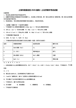 上海市度嘉定区2026届高一上化学期中考试试题含解析