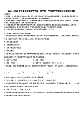 2025-2026学年上海市市西中学高一化学第一学期期中学业水平测试模拟试题含解析