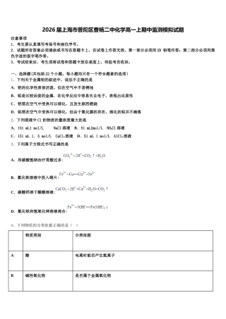 2026届上海市普陀区曹杨二中化学高一上期中监测模拟试题含解析