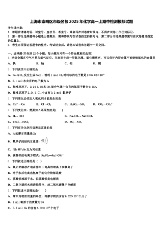 上海市崇明区市级名校2025年化学高一上期中检测模拟试题含解析