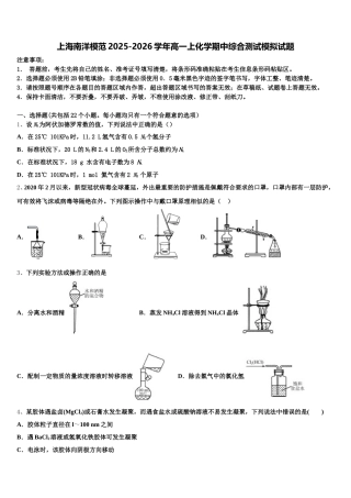 上海南洋模范2025-2026学年高一上化学期中综合测试模拟试题含解析