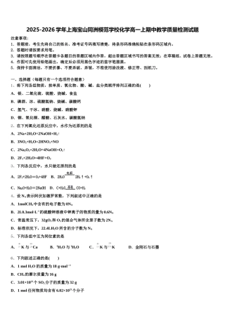 2025-2026学年上海宝山同洲模范学校化学高一上期中教学质量检测试题含解析