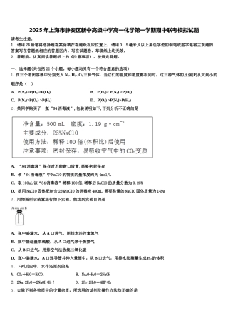 2025年上海市静安区新中高级中学高一化学第一学期期中联考模拟试题含解析