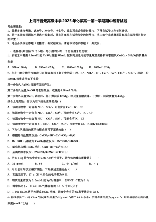 上海市晋元高级中学2025年化学高一第一学期期中统考试题含解析