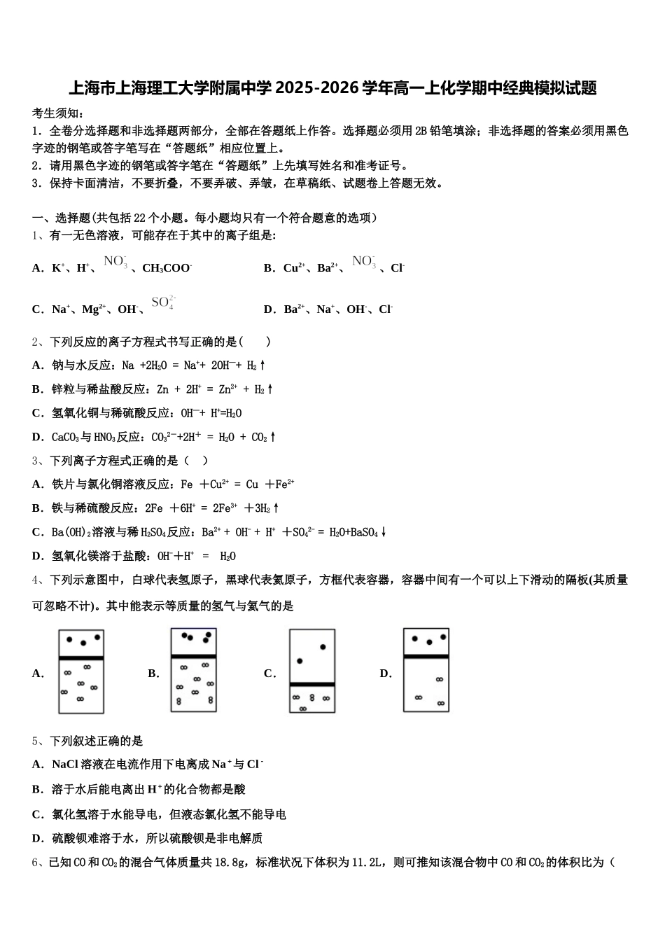 上海市上海理工大学附属中学2025-2026学年高一上化学期中经典模拟试题含解析_第1页