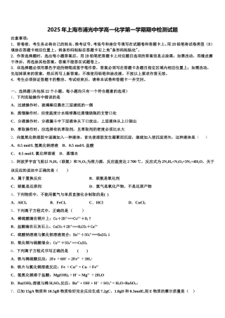 2025年上海市浦光中学高一化学第一学期期中检测试题含解析