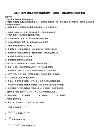 2025-2026学年上海市格致中学高一化学第一学期期中综合测试试题含解析