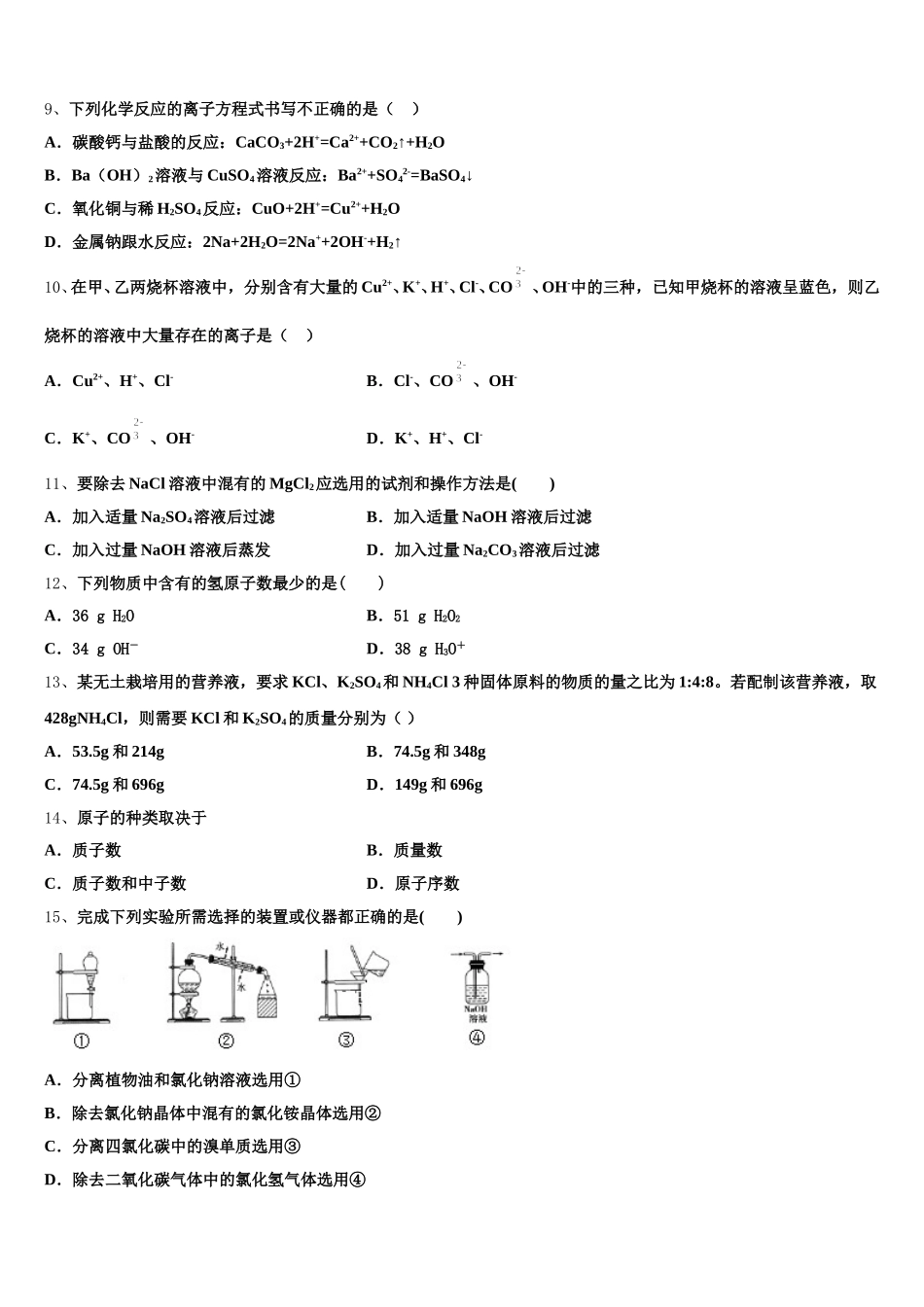 上海市泥城中学2025-2026学年高一化学第一学期期中统考模拟试题含解析_第2页