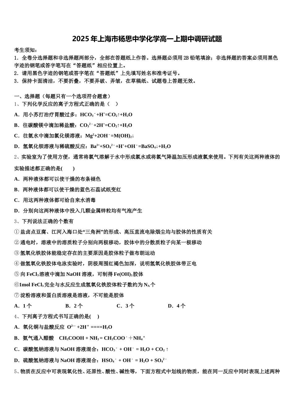 2025年上海市杨思中学化学高一上期中调研试题含解析_第1页