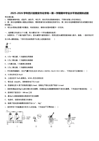 2025-2026学年四川省雅安市化学高一第一学期期中学业水平测试模拟试题含解析