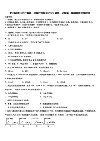 四川省眉山市仁寿第一中学校南校区2026届高一化学第一学期期中联考试题含解析