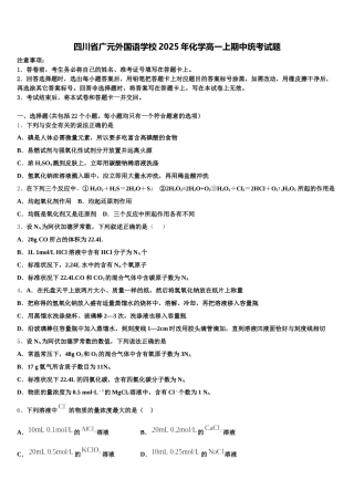 四川省广元外国语学校2025年化学高一上期中统考试题含解析