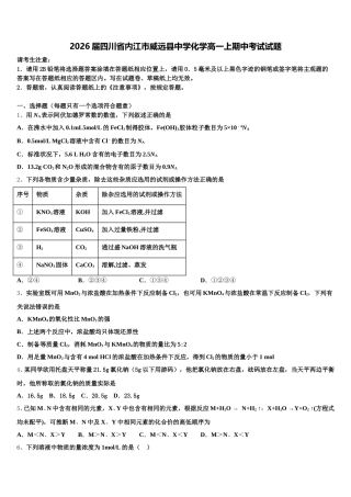 2026届四川省内江市威远县中学化学高一上期中考试试题含解析