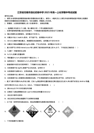 江苏省无锡市洛社初级中学2025年高一上化学期中考试试题含解析