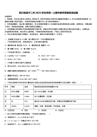 四川省遂宁二中2025年化学高一上期中教学质量检测试题含解析