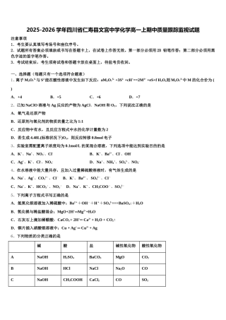 2025-2026学年四川省仁寿县文宫中学化学高一上期中质量跟踪监视试题含解析