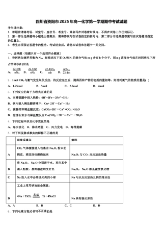 四川省资阳市2025年高一化学第一学期期中考试试题含解析
