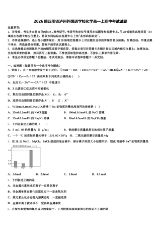 2026届四川省泸州外国语学校化学高一上期中考试试题含解析
