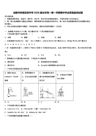 成都市树德实验中学2026届化学高一第一学期期中学业质量监测试题含解析