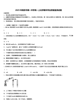 2025年南京市第一中学高一上化学期中学业质量监测试题含解析
