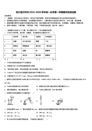 四川省泸州市2025-2026学年高一化学第一学期期中检测试题含解析